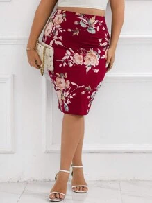 SHEIN Clasi Hơn In hoa Váy bút chì - Đỏ - Xem 1