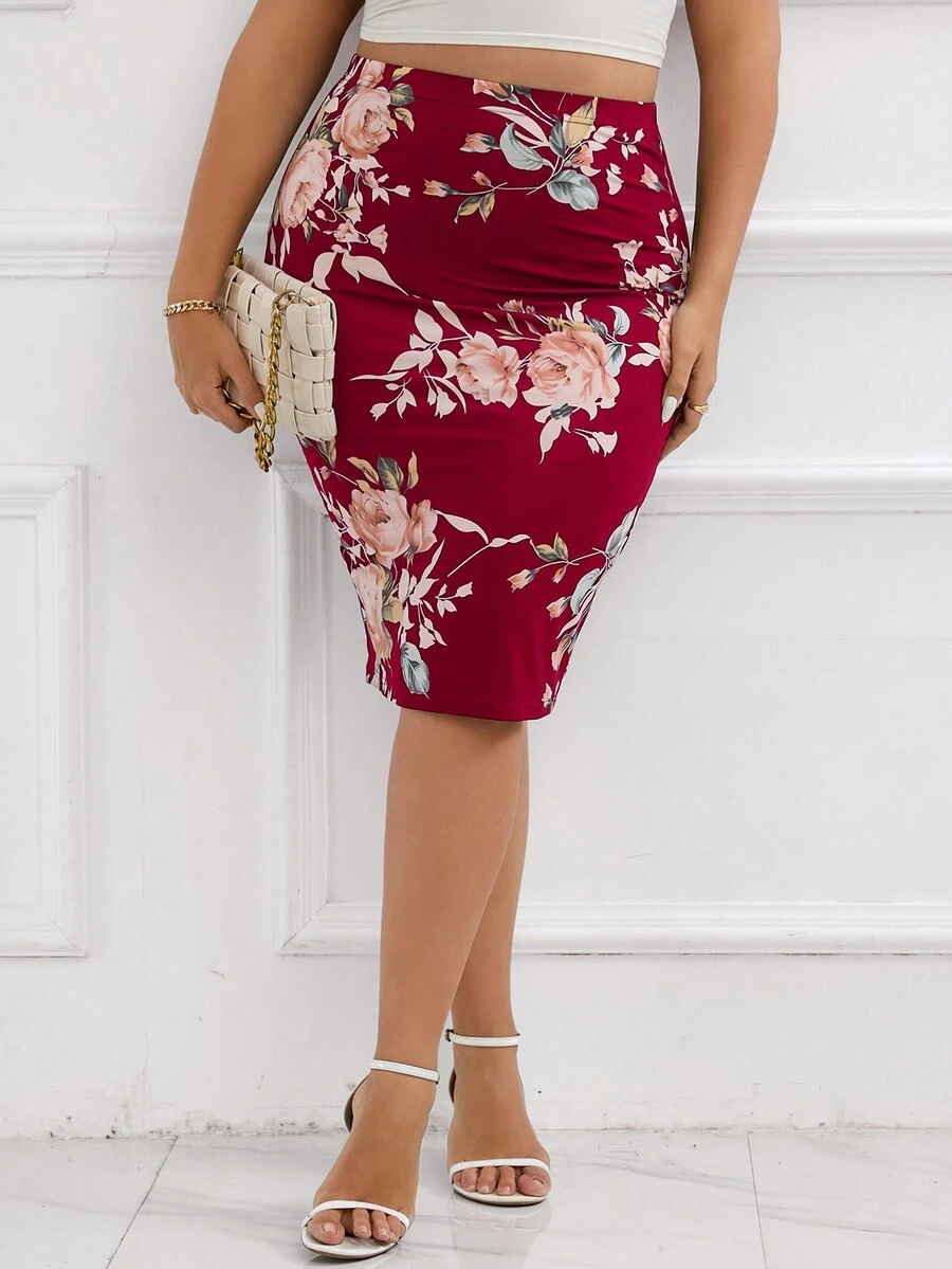 SHEIN Clasi Hơn In hoa Váy bút chì - Đỏ - Xem 1