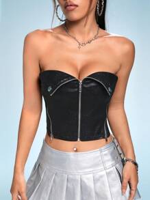 SHEIN ICON Women Summer Sexy Glitter Zipper Slim Fit Cropped Strapless Crop Top - Black - View 1
