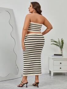 SHEIN Privé Plus Striped Pattern Tube Knit Top & Knit Skirt