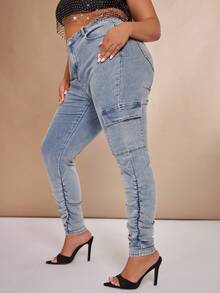 SHEIN BAE Cộng với quần jean có nắp lưng cao có túi bên hông - Màu xanh lam - Xem 4