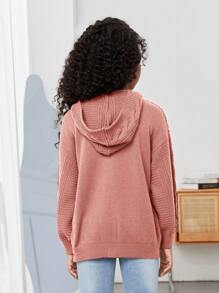 SHEIN 女大童麻花編織落肩袖連帽開襟衫 - 粉色 - 查看 2