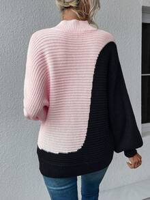 SHEIN Privé Two Tone Mock Neck Batwing Sleeve Sweater - Multicolor - View 2