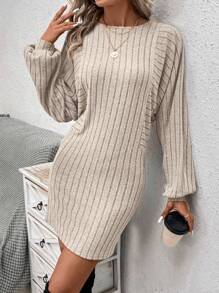 SHEIN LUNE Batwing Sleeve Ribbed Knit Bodycon Dress - Apricot - View 4
