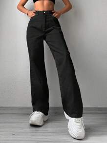 Blugi casual solidi cu picior drept - Negru - Vizualizare 3