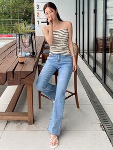 DAZY 條紋印花抹胸上衣 - 黑與白 - 查看 4