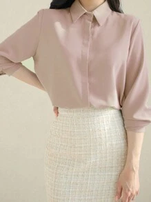 DAZY 纯色纽扣前开衬衫长袖上衣