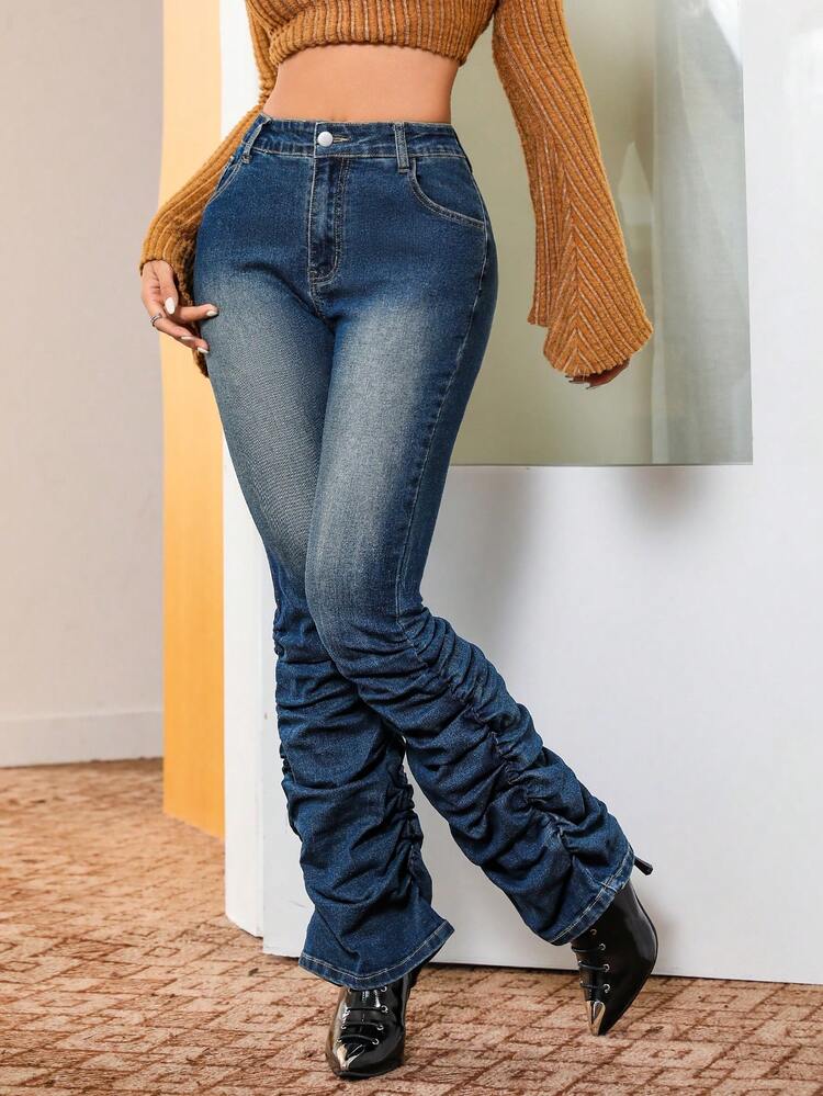 High Waist Ruched Flare Leg Jeans