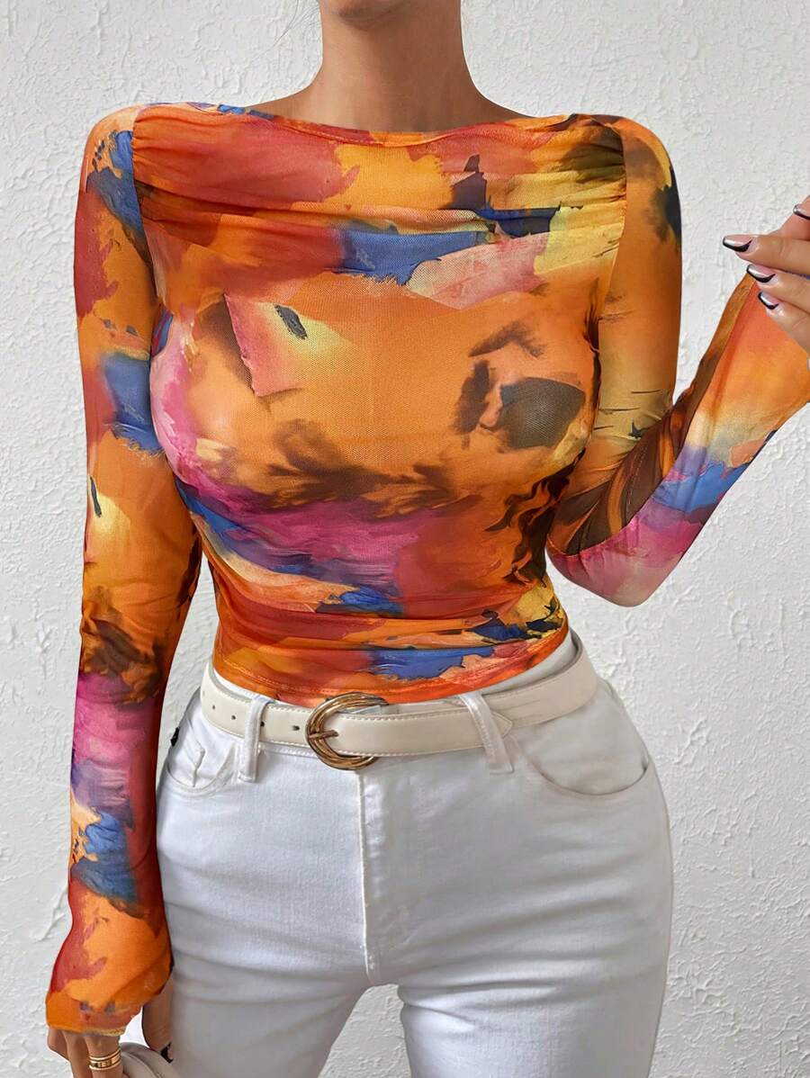 Allurite Tie Dye Boat Neck Mesh Top - Orange - View 1