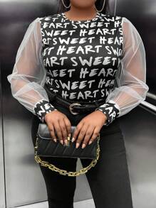 Maweii 加大字母图案撞色网眼灯笼袖 T 恤图案 T 恤女式上衣 - 黑色 - 查看 5