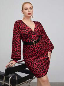 BizChic Talla grande Vestido con estampado de leopardo de cuello V de manga farol sin cinturón - Rojo - View 8