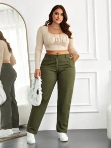 RueChic Plus Solid Slant Pocket Straight Leg Pants - Army Green - View 5