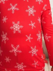 SHEIN Conjunto De Pijama Para Niña Joven Con Estampado De Copo De Nieve Y Ajuste Cómodo Para La Navidad - Rojo - Ver 3