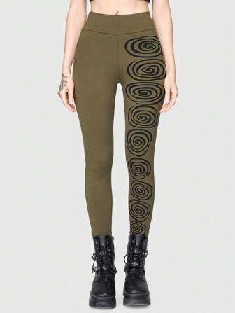 Fairycore Leggings mit Grafik Muster, breitem Taillenband,