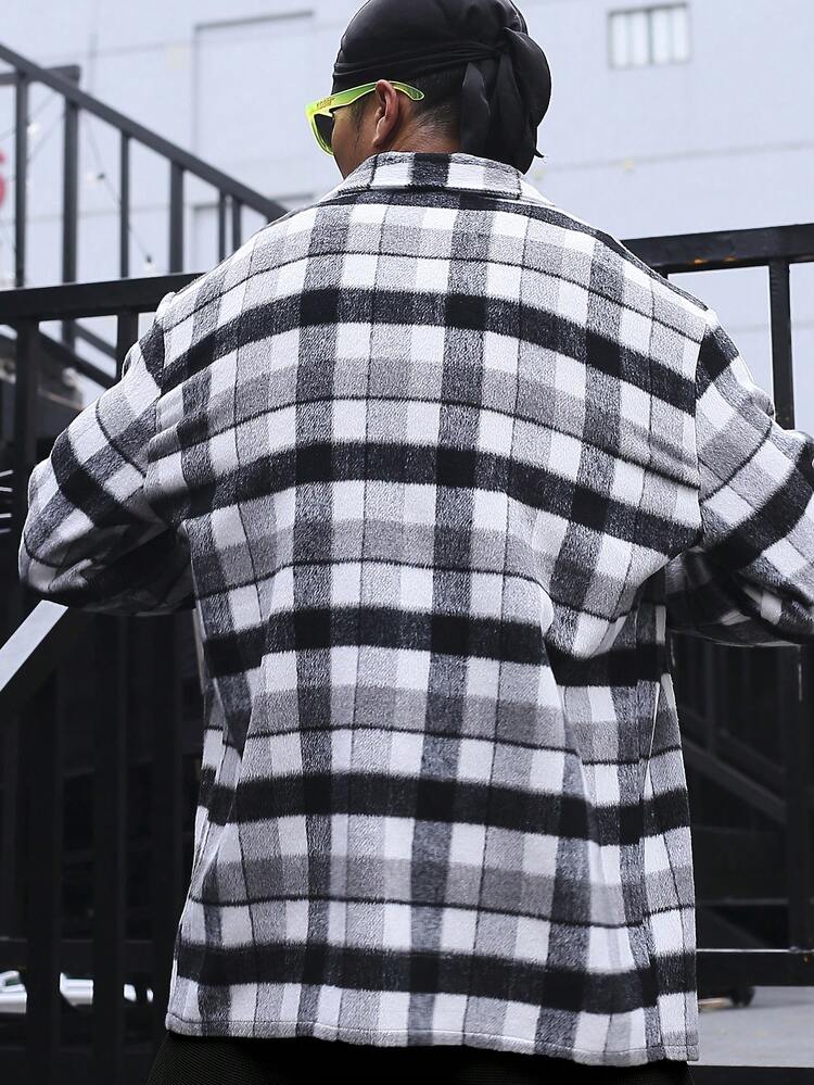 Men Plaid Flap Pocket Overcoat