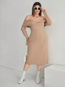 SHEIN Privé Plus Solid Off Shoulder Twist Front Dress - Apricot - View 1