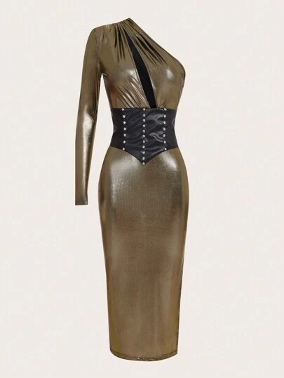 SHEINNeu 單肩前收褶金屬質感洋裝附緊身胸衣