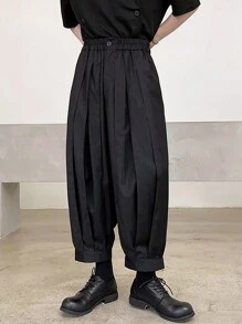 Manfinity Hypemode 男式純色下擺低垂寬鬆褲，超大尺寸，素面黑色，適用於外出穿著 - 黑色 - 查看 1