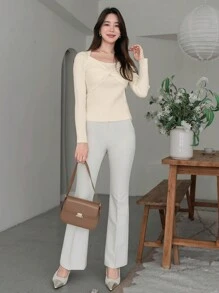 DAZY 扭結正面方領肋編針織毛衣 - 杏色 - 查看 4