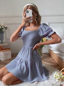 SHEIN Holidaya Swiss Dot Tie Backless Ruffle Hem Dress - Blue - View 6