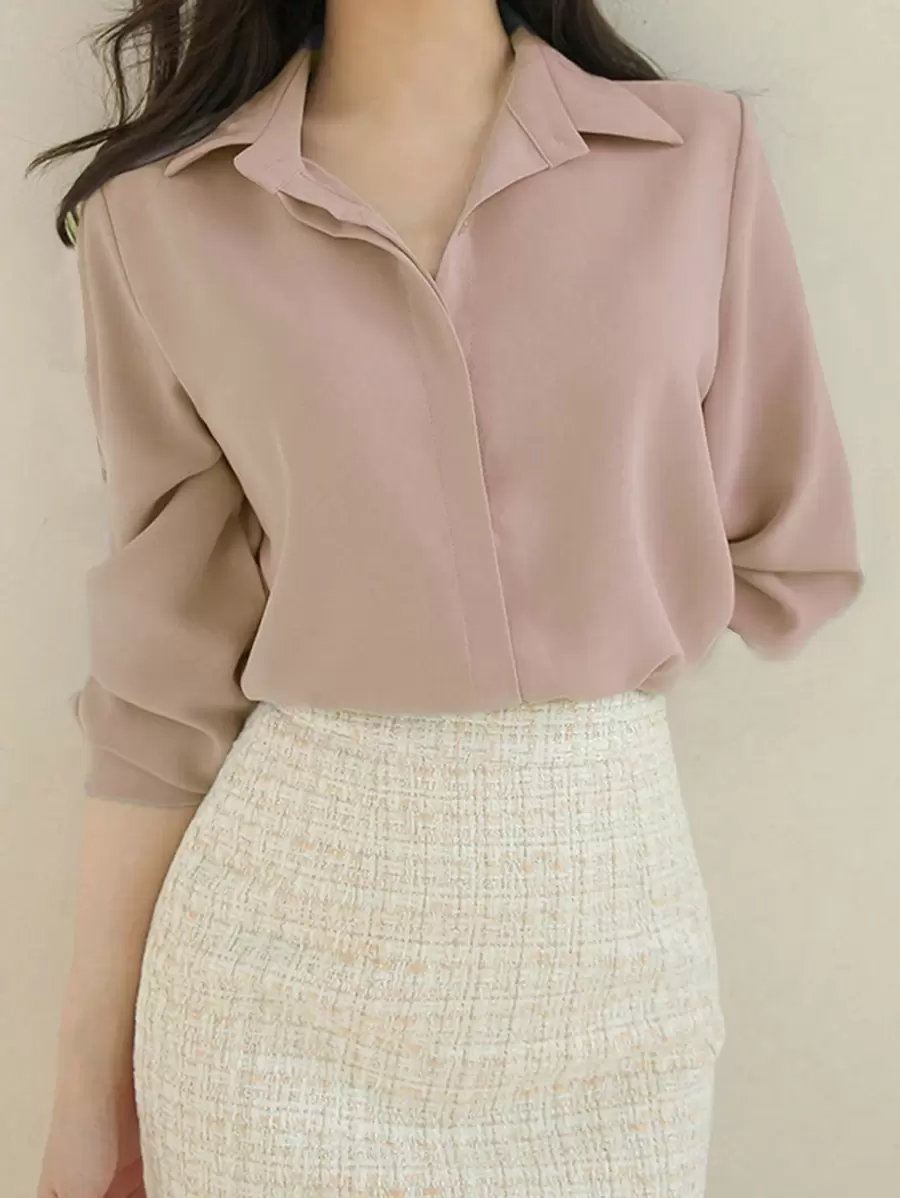 DAZY 纯色纽扣前开衬衫长袖上衣