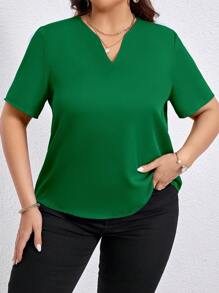 SHEIN LUNE Áo sơ mi tay ngắn cổ khoét màu trơn cỡ lớn thường ngày - Màu xanh lá cây đậm - Xem 3