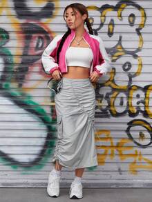 SHEIN PETITE Drawstring Ruched Flap Pocket Side Skirt - Grey - View 5