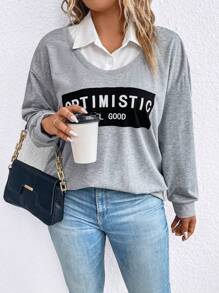 SHEIN LUNE 加大码字母图案落肩二合一卫衣套头衫秋季卫衣 - 灰色 - 查看 5