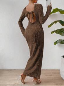 Rafferiza Đầm ôm body dáng dài xẻ tà trơn dành cho nữ - Cà phê - Xem 4