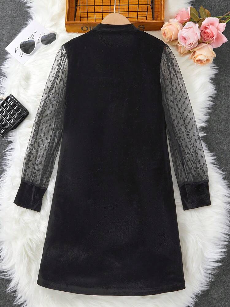 Tween Girl Slogan Embroidered Dobby Mesh Sleeve Velvet Dress
