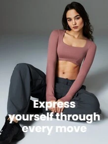 GLOWMODE 掐緊彈性純淨素面方領長袖極短時尚上衣,帶拇指孔 - 藕粉色 - 查看 7