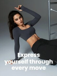 GLOWMODE Ribbed Modal Square Neck Long Sleeve Ultra Crop Top With Thumbhole - Iron Gray - View 7