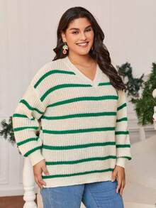 SHEIN Frenchy 大碼條紋圖案落肩袖套頭毛衣 - 彩色 - 查看 4