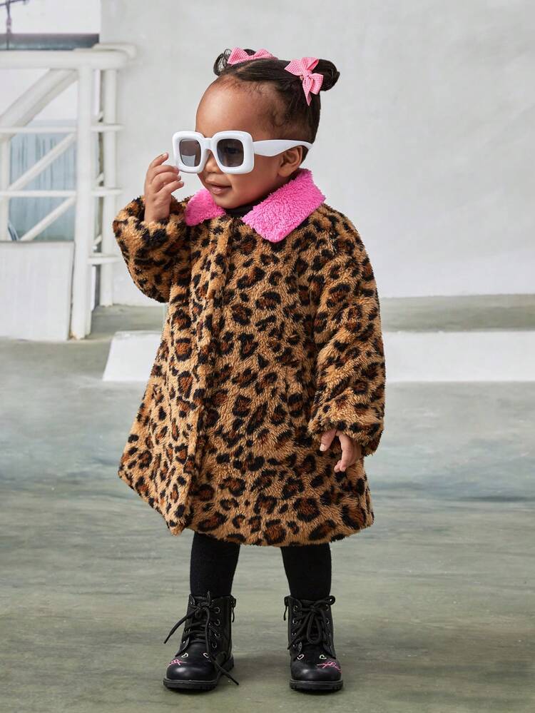 Baby Girl Leopard Pattern Contrast Collar Teddy Coat