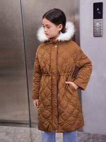 SHEIN Tween Girl Fuzzy Trim Hooded Drawstring Waist Padded Coat