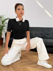 SHEIN EZwear Solid Ribbed Knit Tee - Black - View 4