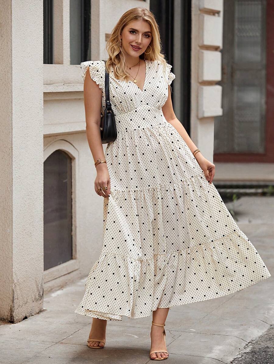 SHEIN LUNE Plus Polka Dot Print Ruffle Hem Dress - Black and White - View 1