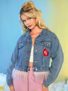SHEIN X Care Bears Cartoon Graphic Flap Detail Denim Jacket - Blue - View 5