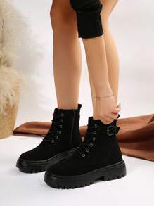 Giày bốt đế xuồng thời trang thu đông 2025 dành cho nữ, giày bốt đen buộc dây cổ điển có khóa kéo bên hông, bốt cổ ngắn đến mắt cá chân - màu đen - Xem 5