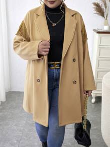 Calvaya Plus Fringe Trim Double Breasted Overcoat - Khaki - View 4