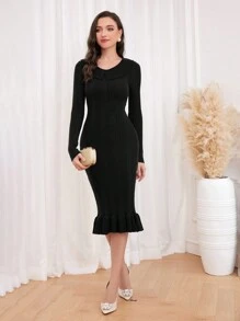 Modelyn Ruffle Trim Bodycon Sweater Dress Fall Cloth For Women - Black - View 5