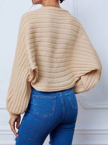 SHEIN Tall 纯色罗纹针织短款抹胸和蝙蝠袖开衫 - 卡其色 - 查看 2