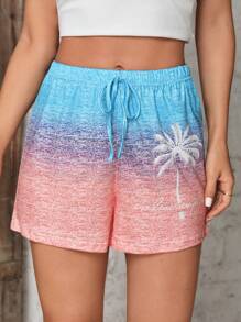 SHEIN VCAY Coconut Tree Print Ombre Shorts - Multicolor - View 1