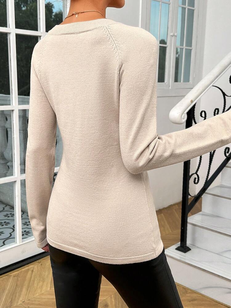 Solid V Neck Raglan Sleeve Sweater