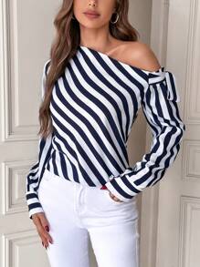 SHEIN Privé 條紋印花不對稱領側打結襯衫 - 藍白色 - 查看 4