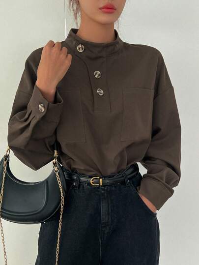 DAZY Half Button Drop Shoulder Pocket Patched Blouse,Fall Clothes Long Sleeve Top