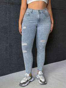 SHEIN EZwear Hơn Quần jean rách - Rửa nhẹ - Xem 5