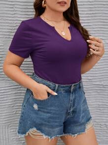 SHEIN LUNE 大碼缺口領T恤 - 紫色 - 查看 5