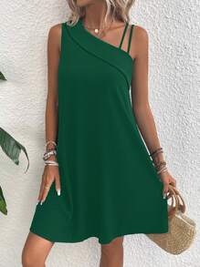 SHEIN VCAY Chất rắn Cổ không đối xứng Đầm - Màu xanh lá cây đậm - Xem 6
