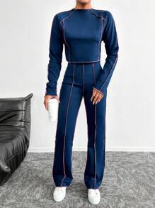 RueChic Women's Casual Loose Slub Long Sleeve T-Shirt & Straight-Leg Pants Navy Blue 2pcs/Set - Navy Blue - View 5